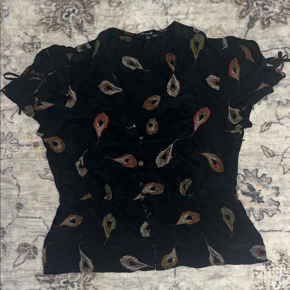 Madewell black Silk Peacock Print Blouse Boho Cottagecore Button Front Top